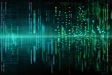 Green digital code matrix with rows and columns of numbers and letters on dark background