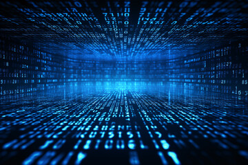 Blue digital code matrix with rows and columns of numbers and letters perspective on dark background - obrazy, fototapety, plakaty