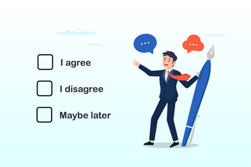 Businessman holding pencil decide to agree consent question, consent document to choose, agree or disagree, accept or approve permission, yes or no answer, decide later, business agreement (Vector)