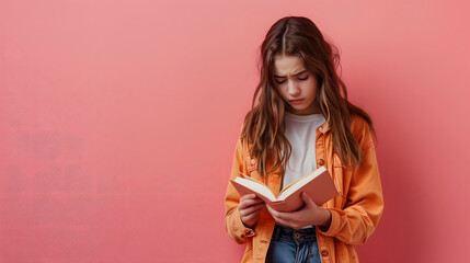 A sad white teenage girl is reading a pink book on a plain red background with copy-space for text.