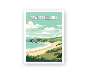 Naklejka na ściany i meble Gower Peninsula Illustration Art. Travel Poster Wall Art. Minimalist Vector art