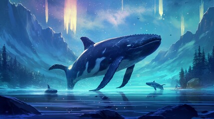sister whales illustration starry night