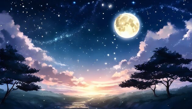 Starry Sky at Night with Full Moon on Grass field, Anime Style