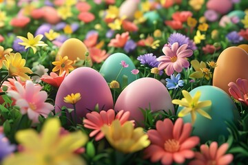 Obraz na płótnie Canvas Colorful Easter eggs nestled in a bed of spring flowers, 3D illustration
