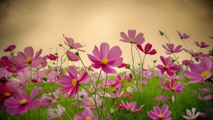 Beautiful pink red cosmos flower field against vintage color tone