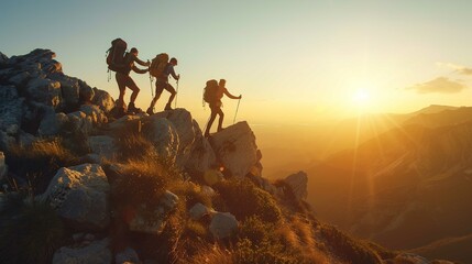 A team of mountaineers helping each other reach the top, with breathtaking mountain views and sunset in the background