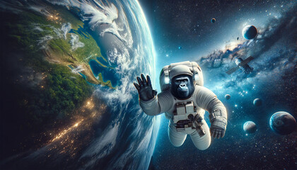 宇宙服を着て宇宙空間で手を振るゴリラ - obrazy, fototapety, plakaty