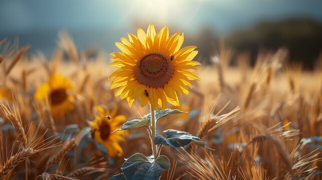A sunflower blooms amidst a wheat field, adding beauty to the natural landscape