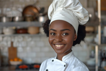 Afro woman wearing chef uniform in luxury hotel restaurant kitchen