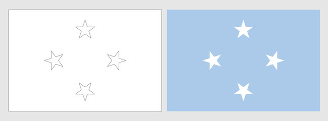 Federated States of Micronesia flag - coloring page. Set of white wireframe thin black outline flag and original colored flag. - obrazy, fototapety, plakaty