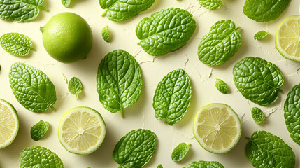 Fresh mint leaves and sliced limes on a light background, top view. Vibrant green citrus and herbs for healthy cooking concept. - obrazy, fototapety, plakaty