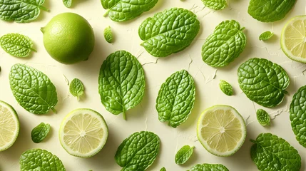 Fototapeten Fresh mint leaves and sliced limes on a light background, top view. Vibrant green citrus and herbs for healthy cooking concept. © amixstudio