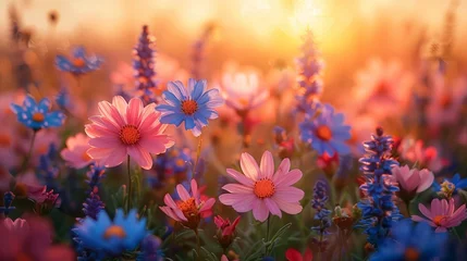 Rolgordijnen Vibrant magenta flowers bloom in a natural landscape, illuminated by the sun © yuchen
