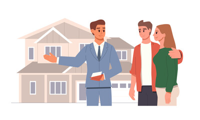 Real Estate Concept. Male Realtor Wearing Suit Showing  From New House. Husband and Wife Choosing Home. Cartoon Flat Vector Illustration Isolated on White Background.
