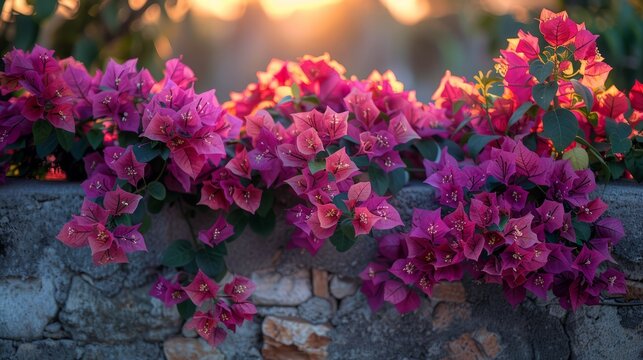 Pink flowers bloom on a stone wall in the landscape