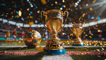 Champion Award gold cup, Golden winner's cup in the middle of a soccer stadium