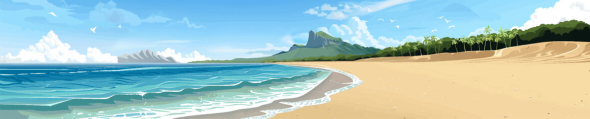 serene panoramic illustration of a tropical beach, with palm trees framing the tranquil blue ocean and clear skies generative ai vector illustration - obrazy, fototapety, plakaty