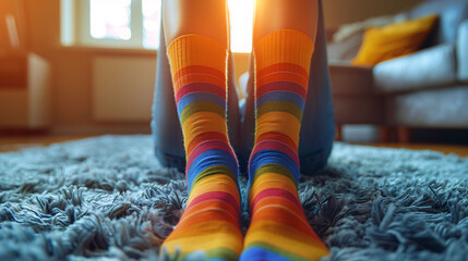 Cozy home setting with a person wearing colorful striped socks, feet up, relaxing on a soft carpet with warm sunlight filtering through.