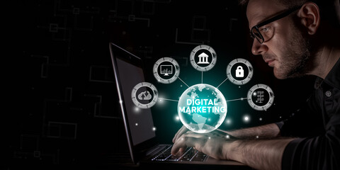Internet network technology and digital marketing with various technology icons, tech innovation, online presence, digital marketing concept