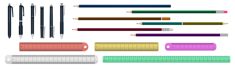 Pen and pencils. Office stationery school colored items of education help vector 3d realistic collection of plastic pen wooden pencils. Illustration of school pencil, stationery pen, marker colored