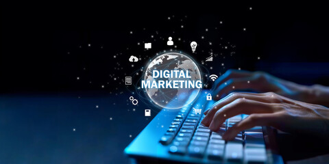 Someone types on a keyboard with a globe and digital marketing icon, online connectivity, global marketing, technology concept