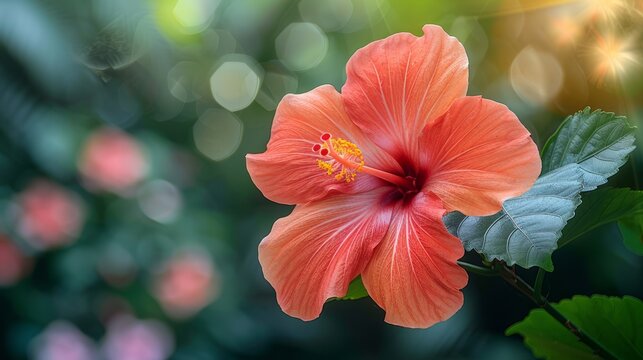 Macro photography of a peach Chinese hibiscus flower against a green background