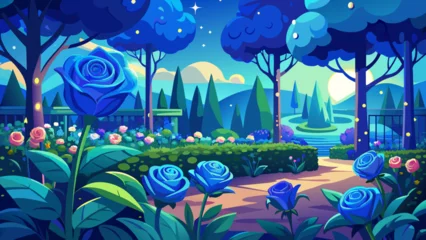 Cercles muraux Bleu foncé garden-full-blue-sparkling-roses vector illustration