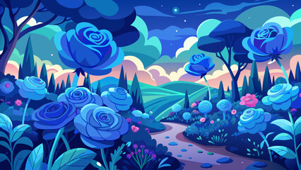 garden-full-blue-sparkling-roses vector illustration