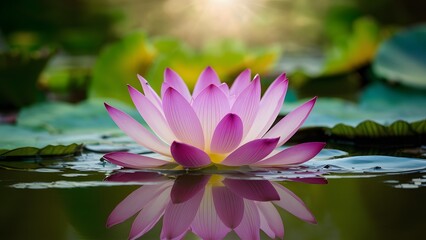 Beautiful purple lotus flower with sun flare over still water
