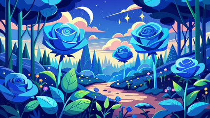 Fototapeta na wymiar garden-full-blue-sparkling-roses vector illustration