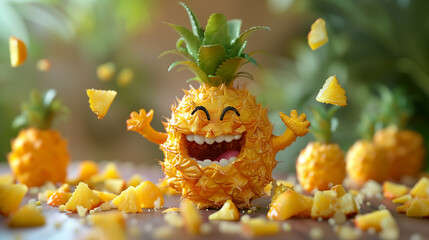 A whimsical character made of fruits and pineapple dancing
