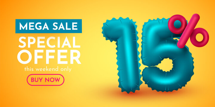 15 percent Off. Discount creative composition. Mega Sale.