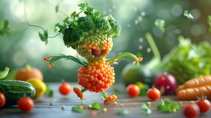 A whimsical character made of fruits and vegetables dancing