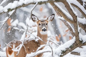 A deer stands in the snow-covered woods during winter
