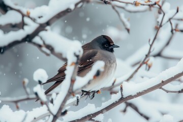 A small bird is perched on a snowy branch in a winter setting