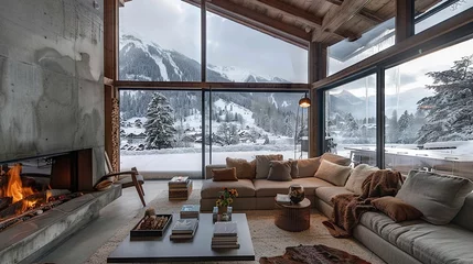 Lichtdoorlatende rolgordijnen zonder boren Alpen Mountain house mockup, luxury home in the snowy alps