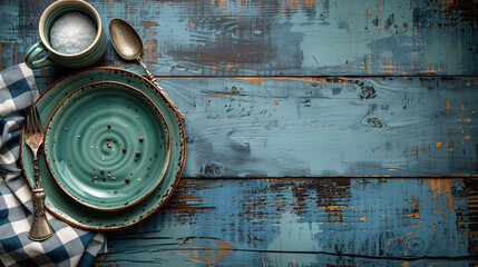 Rustic table setting with empty ceramic plate, silverware, and checkered napkin on a distressed blue wooden background.