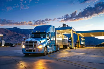 Foto op Plexiglas A modern semi truck parked at a gas station, refueling to continue its journey © Ilia Nesolenyi