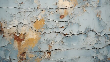 A detailed shot of a weathered brick wall with chipped paint, showcasing the intricate patterns and textures of decayed wood and metal.
