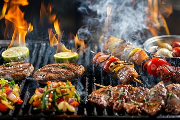 A detailed view of a grill with assorted meat and vegetables being cooked