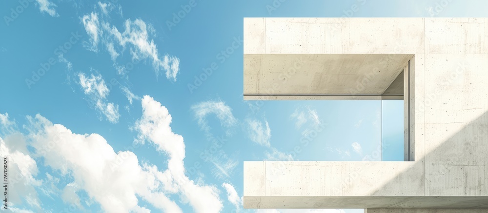 Wall mural Minimalist modern architecture with a white concrete wall and an open window overlooking a blue sky and clouds, set against a summer sky backdrop.