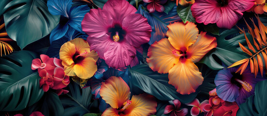 Fototapeta na wymiar Colorful tropical flowers and leaves background