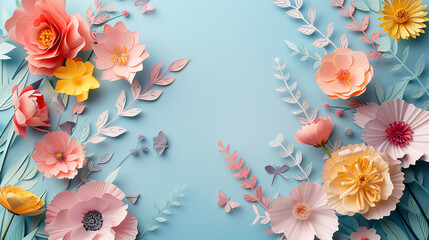 spring theme papercut floral frame in pastel colors background