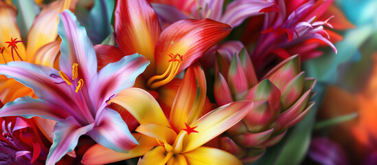 Colorful tropical flowers and leaves background
