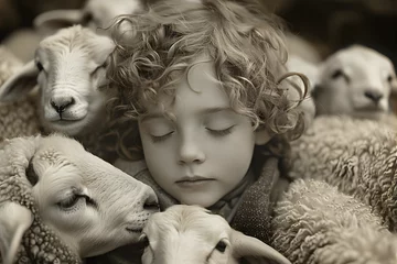Fotobehang Young David shepherds sheep, Bible story, Sepia tone portrait of a child with curly hair amidst sheep. Pastoral scene and biblical storytelling concept for religious education materials © Ekaterina