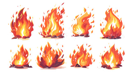 漫画の赤い炎。火の炎、熱い火の玉、危険な山火事のキャンプファイヤーと焚き火の要素、火のフレームと燃えるような境界線の分離ベクトルセット
