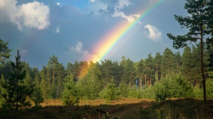 Rainbow against a background of blue sky and forest. Sky after rain