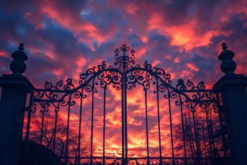 Gothic forged cemetery gate, resembling the gates of hell, on fiery red sunset sky background. Atmosphere of horror and nightmares, gates of hell. Haunting and unsettling scene, entering abyss. - obrazy, fototapety, plakaty