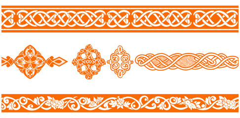 ケルトの国境。ケルト民族の結び目タトゥーの黒と白の装飾デザインを備えたシームレスなビンテージ ボーダー フレーム。パターン ブラシ、無限チェーン ベクトル セット