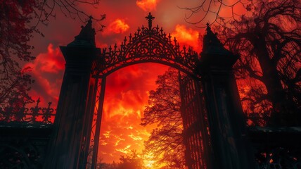 Gothic forged cemetery gate, resembling the gates of hell, on fiery red sunset sky background. Atmosphere of horror and nightmares, gates of hell. Haunting and unsettling scene, entering abyss. - obrazy, fototapety, plakaty